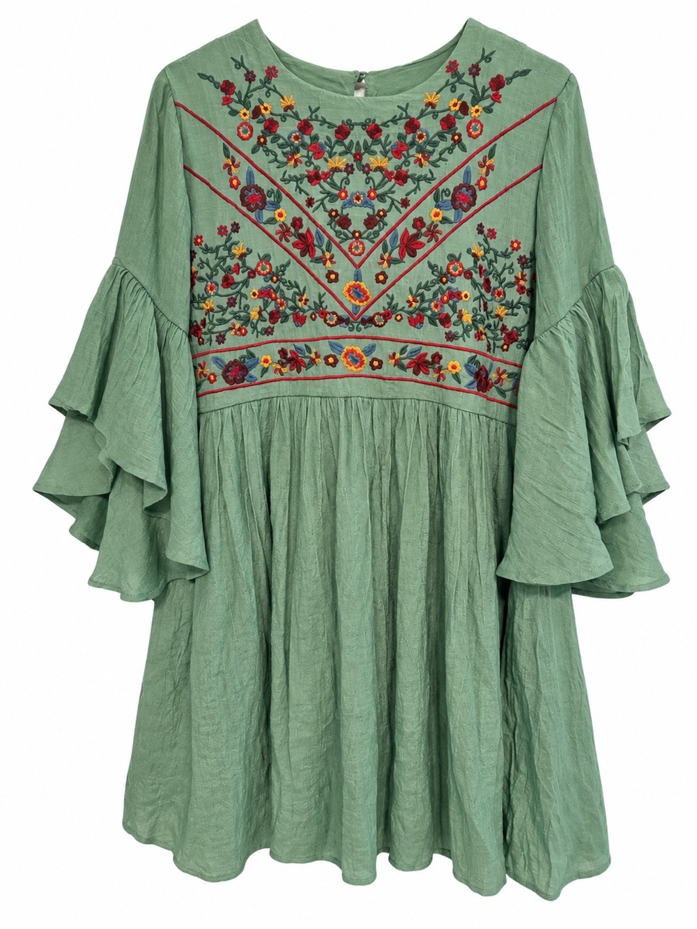 Umgee Sage Green Mini Dress with Multicolor Floral Embroidery